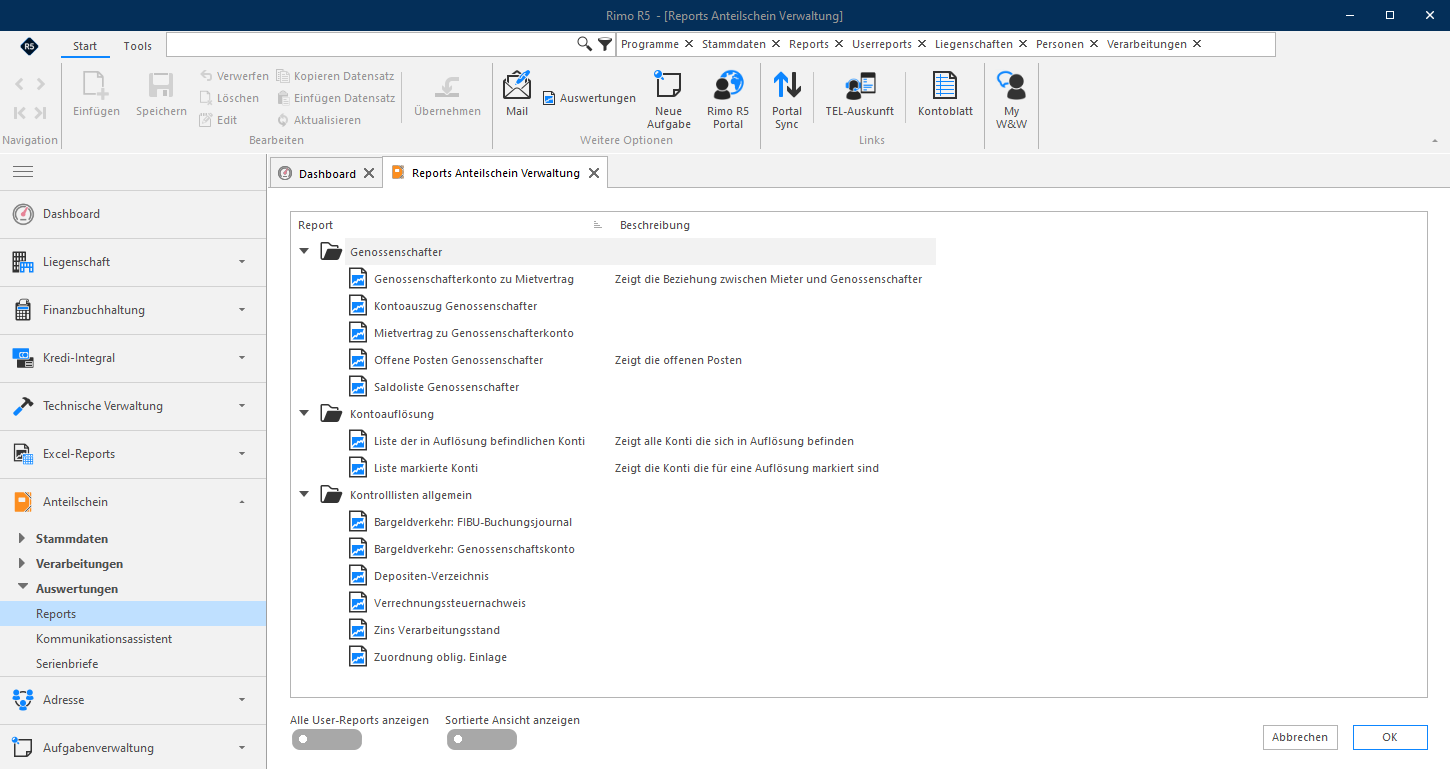 Screenshot: Reportauswahl im Anteilscheinmodul