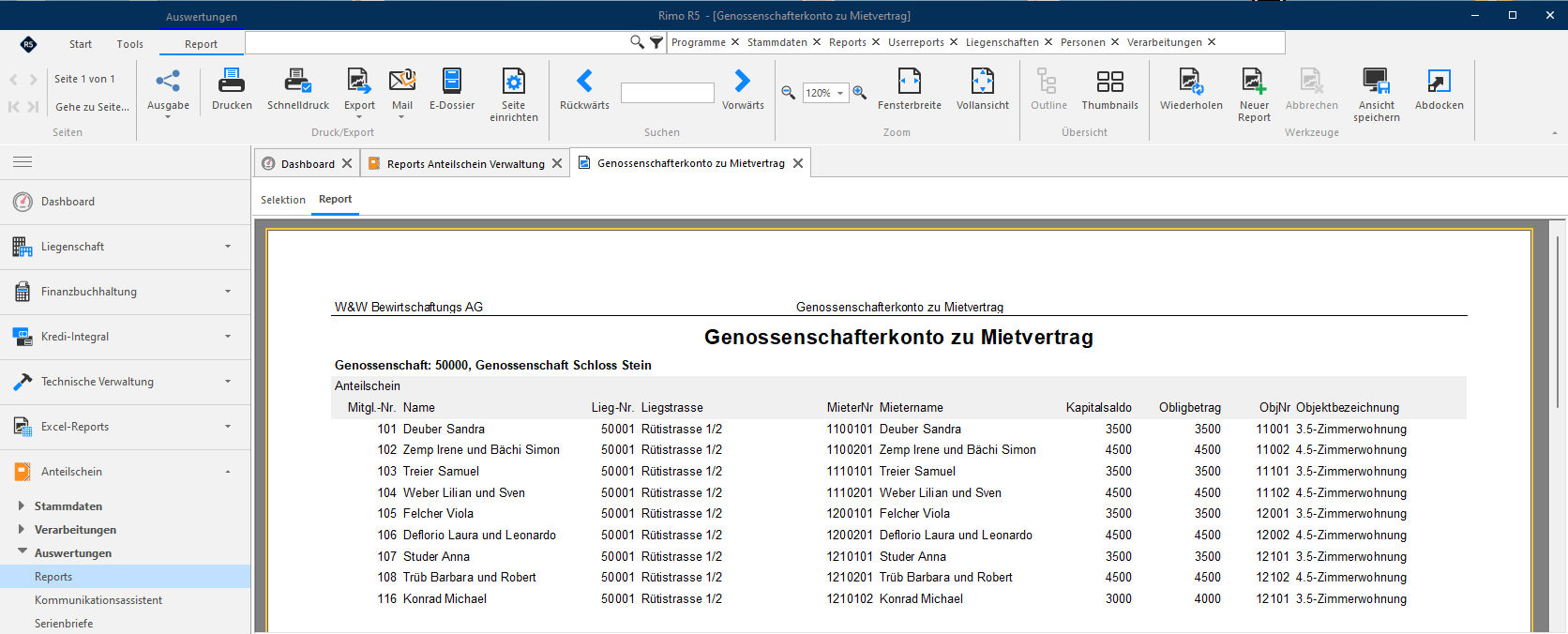 Screenshot: Report «Genossenschafterkonto zu Mietvertrag» mit Mieter-, Konto- und Betragsangaben