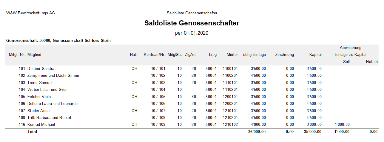 Screenshot: Saldoliste Genossenschafter zur Kontrolle von obligatorischer Einlage und Kapitalsaldo