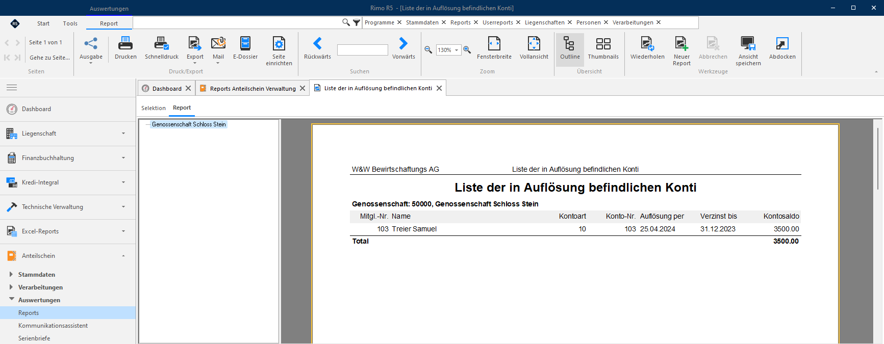 Screenshot: Liste der in Auflösung befindlichen Konti