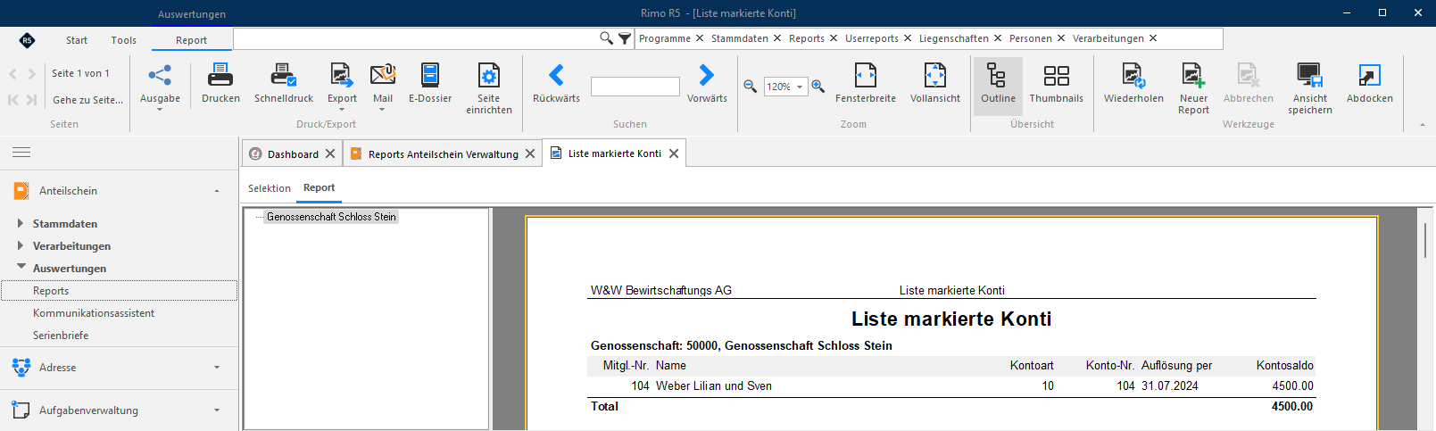 Screenshot: Liste der für die Auflösung markierten Anteilscheinkonti