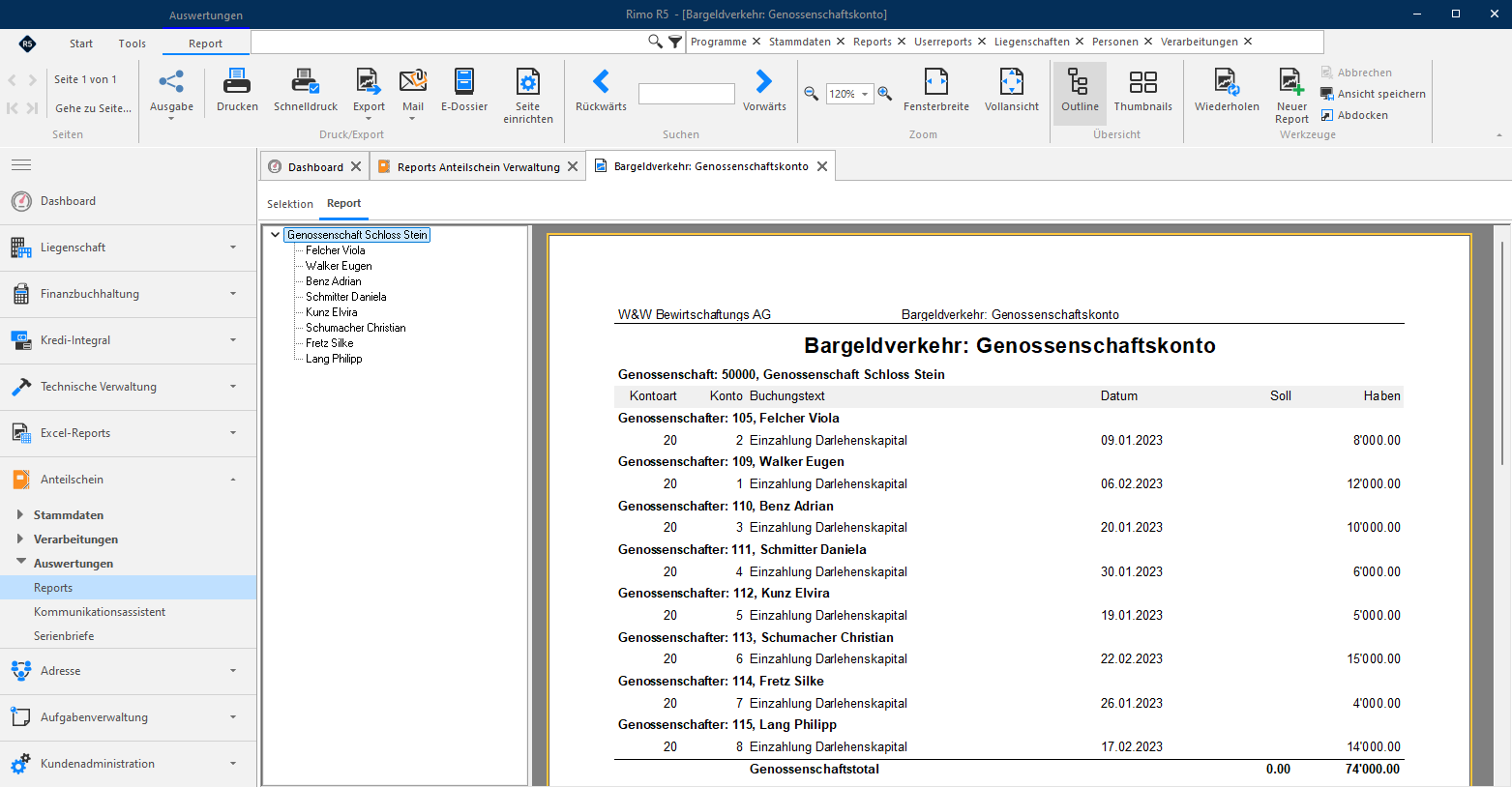 Screenshot: Bargeldverkehr auf dem Genossenschafterkonto mit Bewegungsübersicht