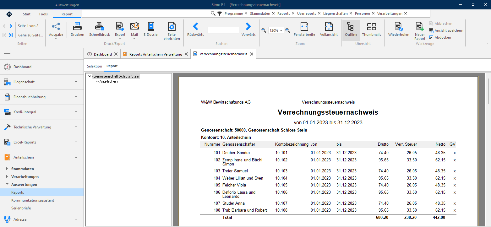 Screenshot: Verrechnungssteuerausweis nach der Verzinsung des Anteilscheinkapitals