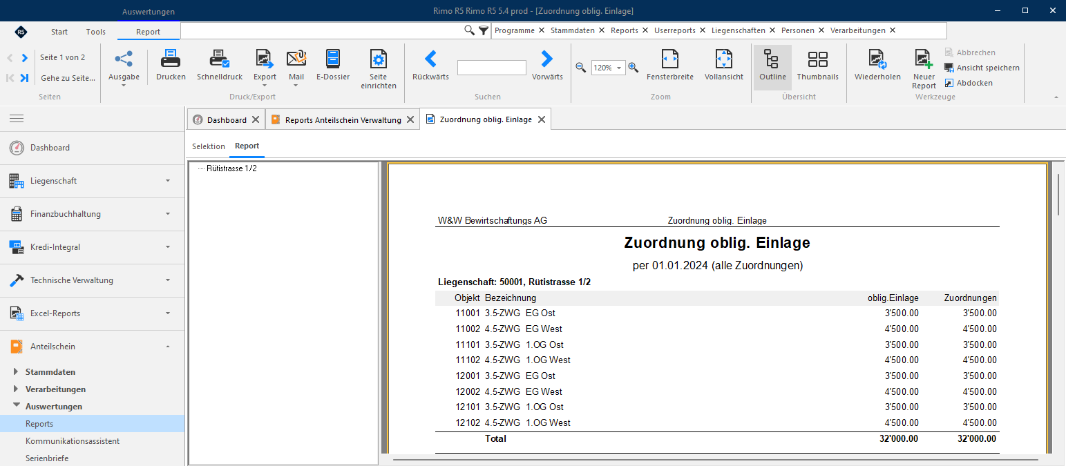 Screenshot: Report zur Zuordnung obligatorischer Einlagen pro Objekt