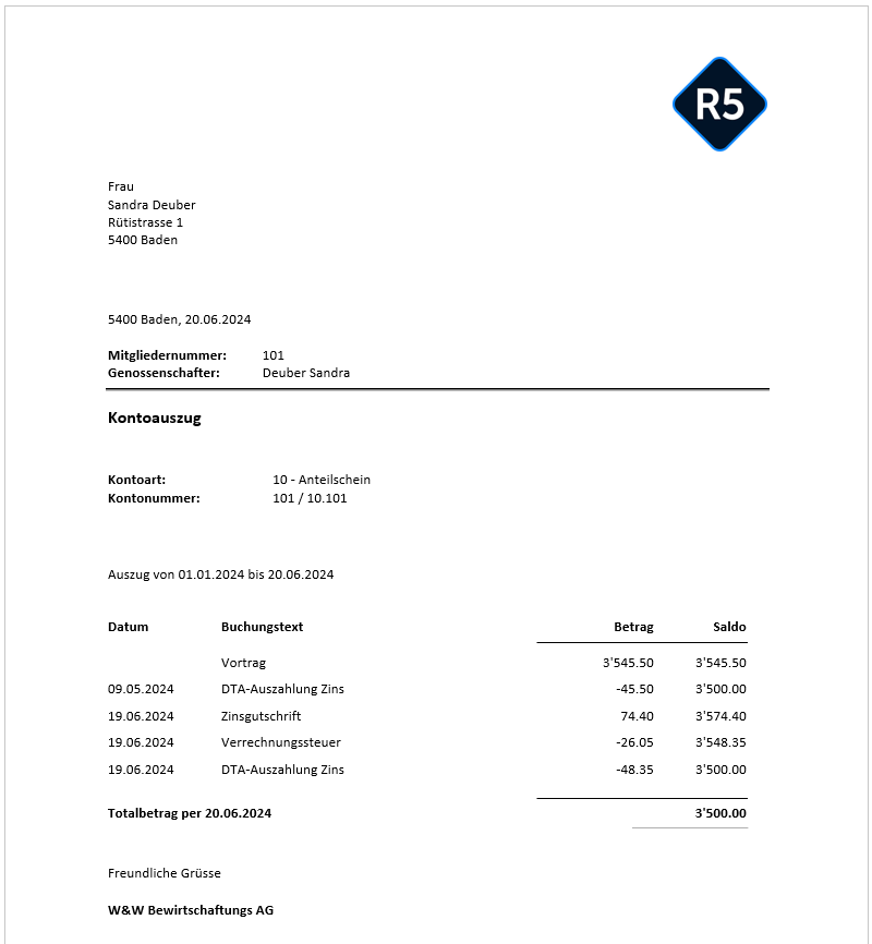 Screenshot: Beispiel eines Word-Serienbriefs «Kontoauszug extern»