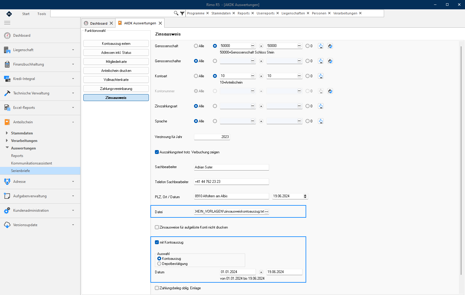 Screenshot: Selektionsmaske für den Zinsausweis mit aktiviertem Kontoauszug