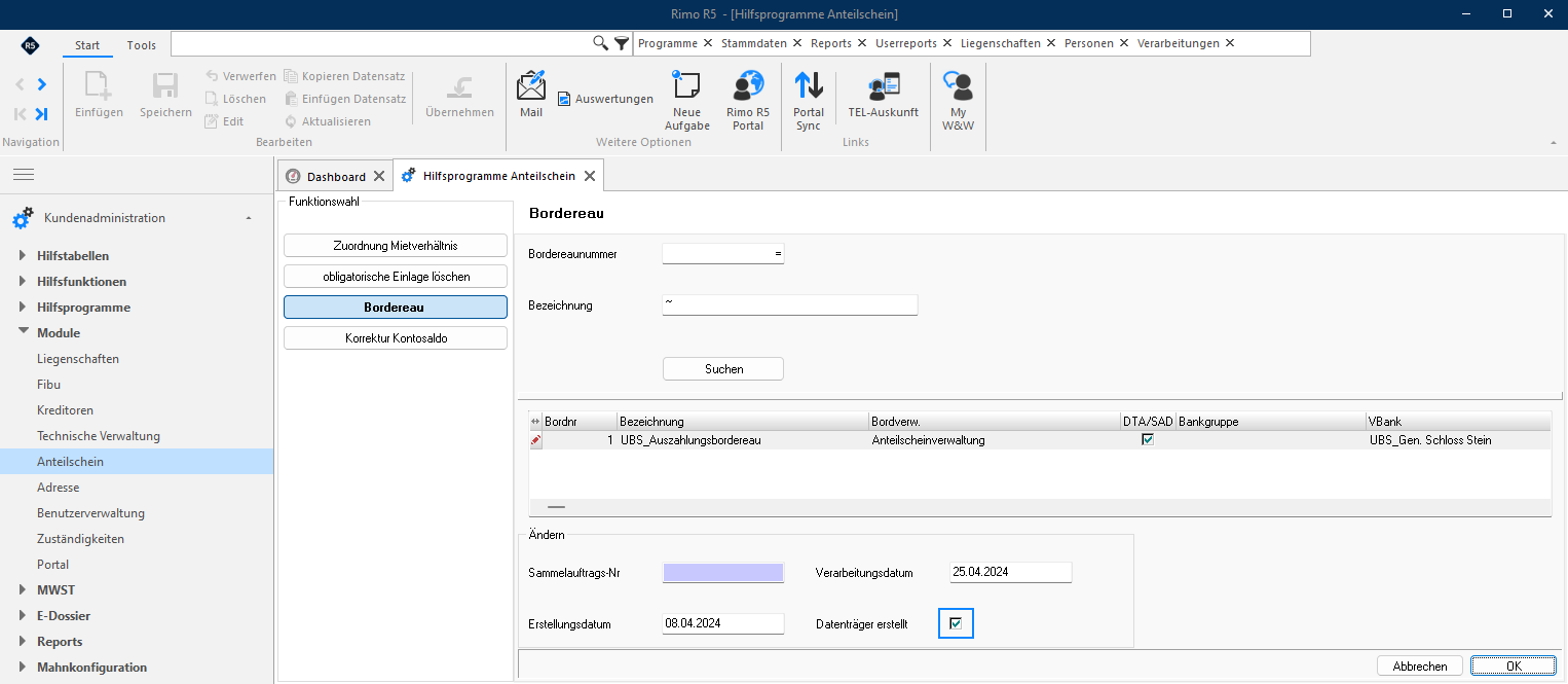 Screenshot: Hilfsfunktion «Bordereau» mit Flag «Datenträger erstellt»
