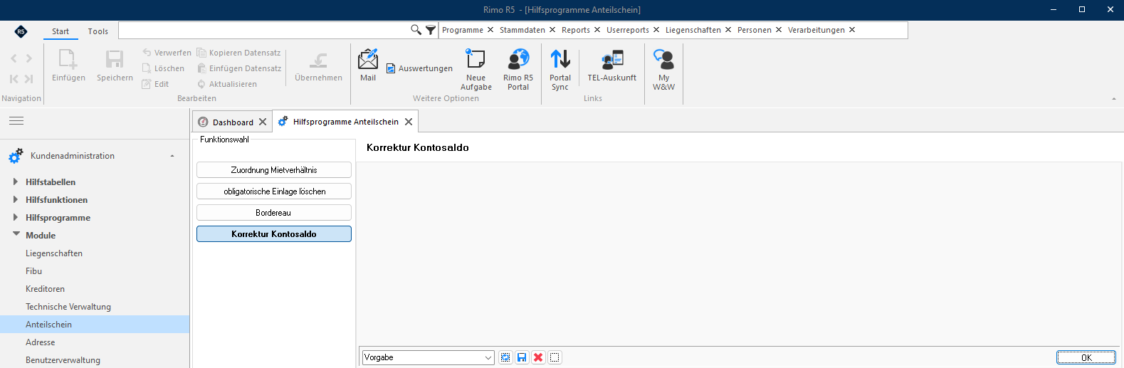Screenshot: Hilfsfunktion «Korrektur Kontosaldo»