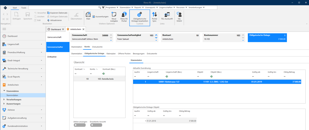 Screenshot: Konto-Stammdaten mit Register «Obligatorische Einlage» und Button «Obligatorische Einlage bearbeiten»