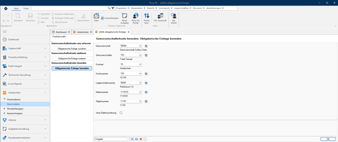 Screenshot: Funktionswahl «Obligatorische Einlage beenden» mit automatisch abgefüllten Kontodaten