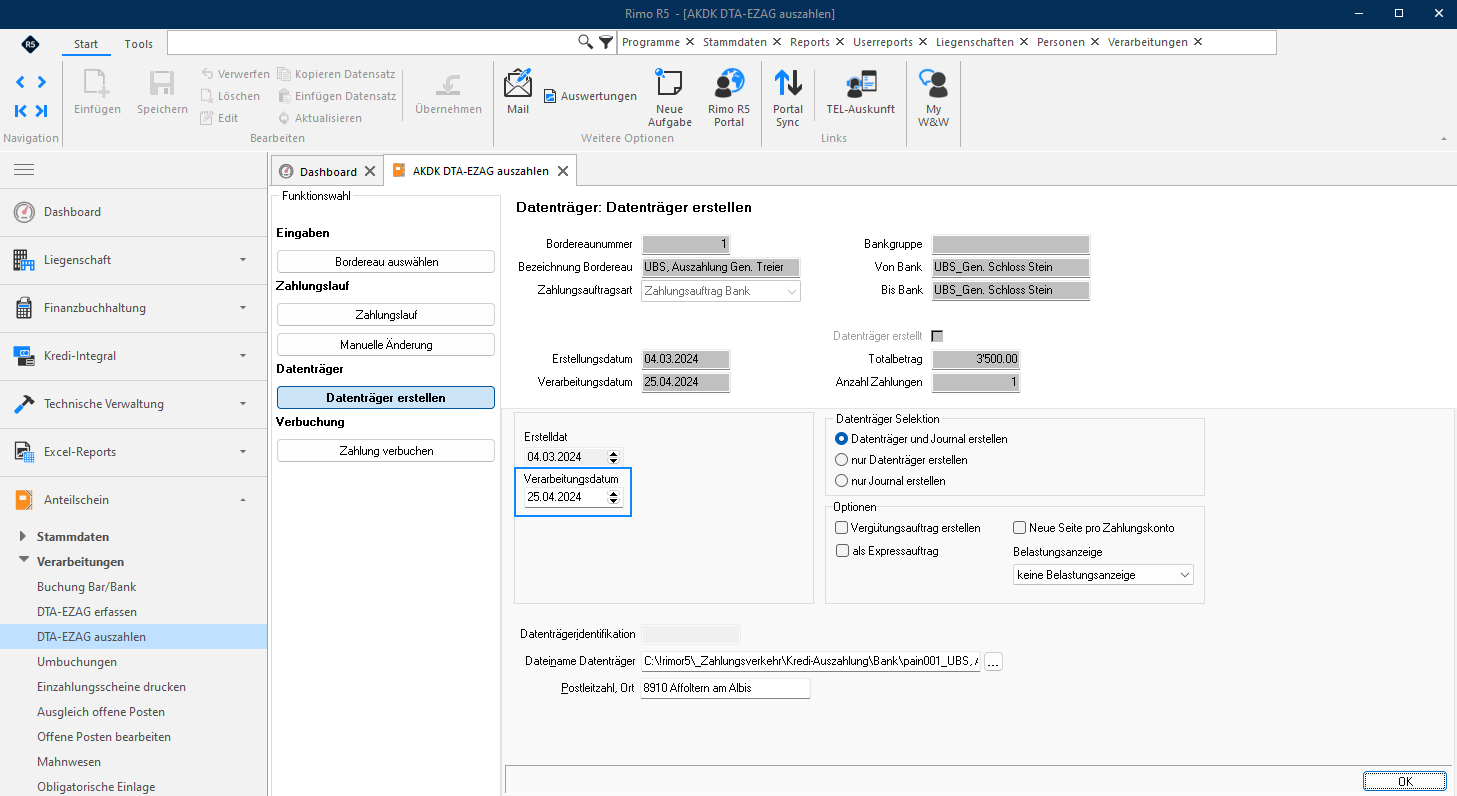 Screenshot: DTA-EZAG auszahlen – Selektionsmaske «Datenträger erstellen»