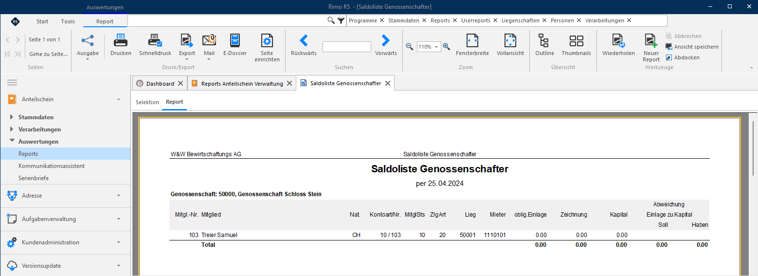 Screenshot: Saldoliste Genossenschafter nach Auszahlung des Anteilscheinkapitals
