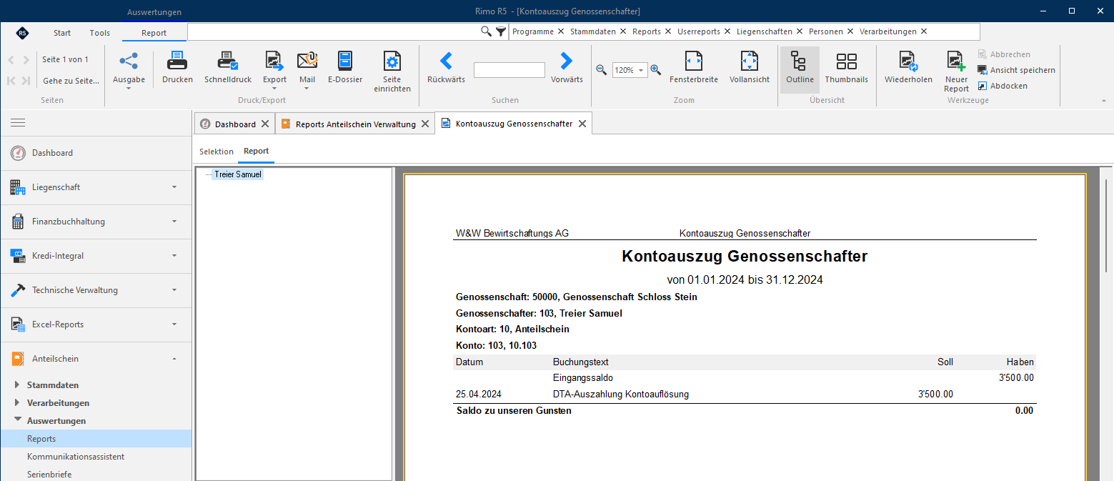 Screenshot: Kontoauszug Genossenschafter nach der Auszahlung und Kontoauflösung