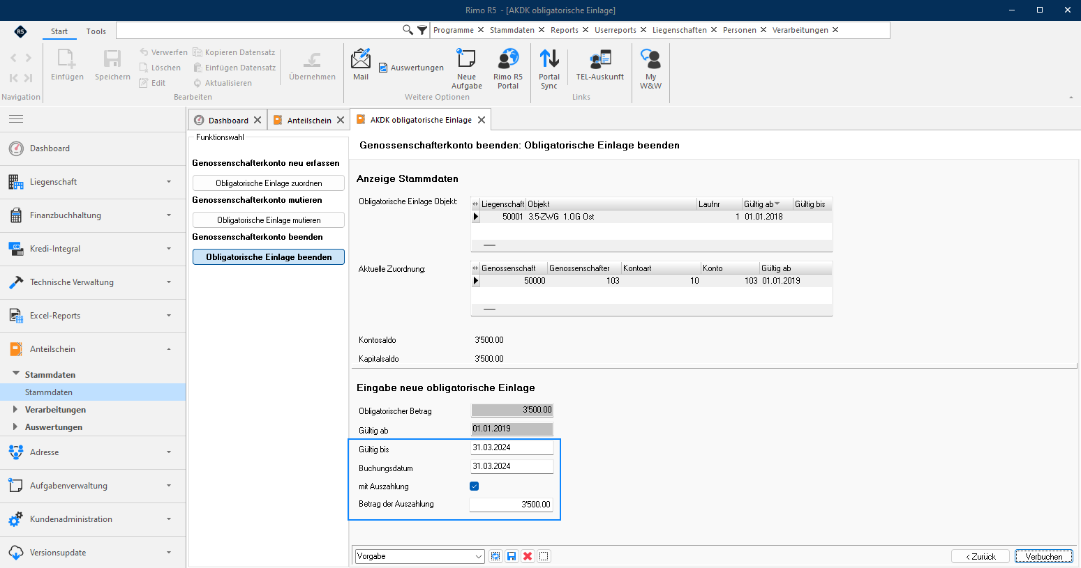 Screenshot: Buchungserfassungsmaske zum Beenden der obligatorischen Einlage mit Gültig-bis-Datum und Auszahlung