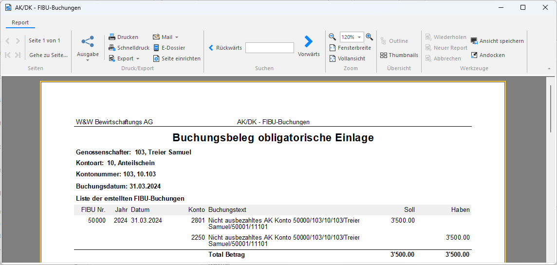 Screenshot: Buchungsbeleg der Beendigung einer obligatorischen Einlage