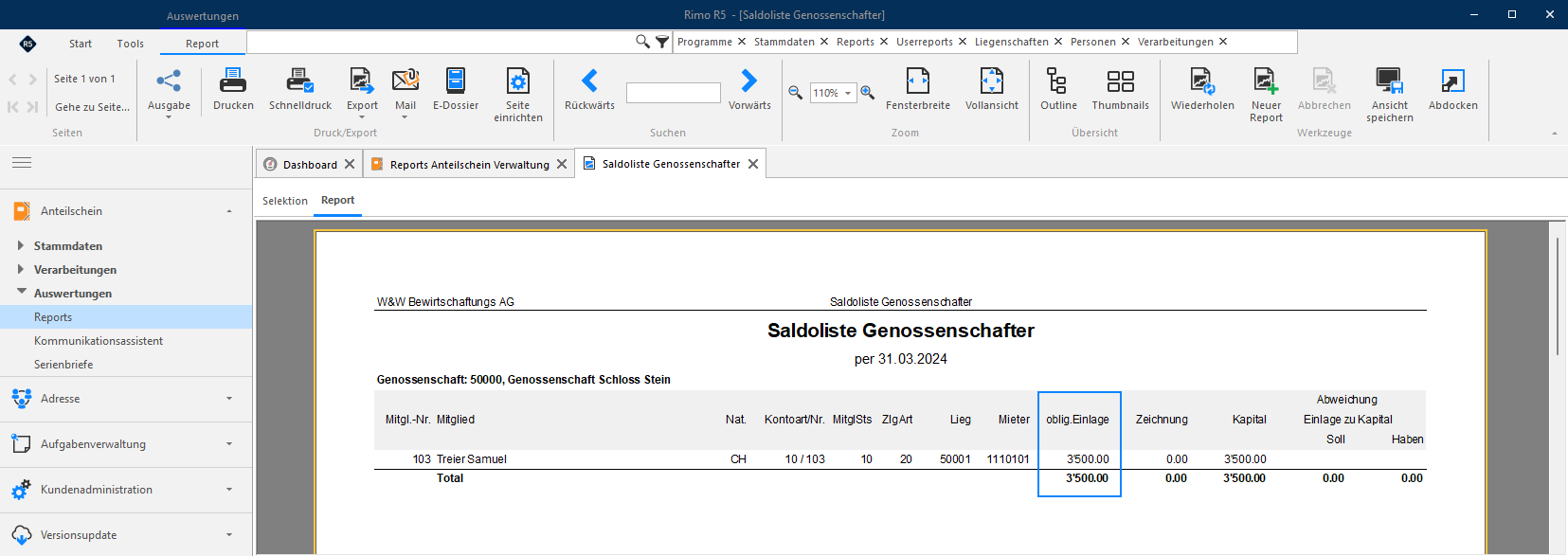 Screenshot: Saldoliste Genossenschafter per 31.03.2024 vor Beendigung der obligatorischen Einlage