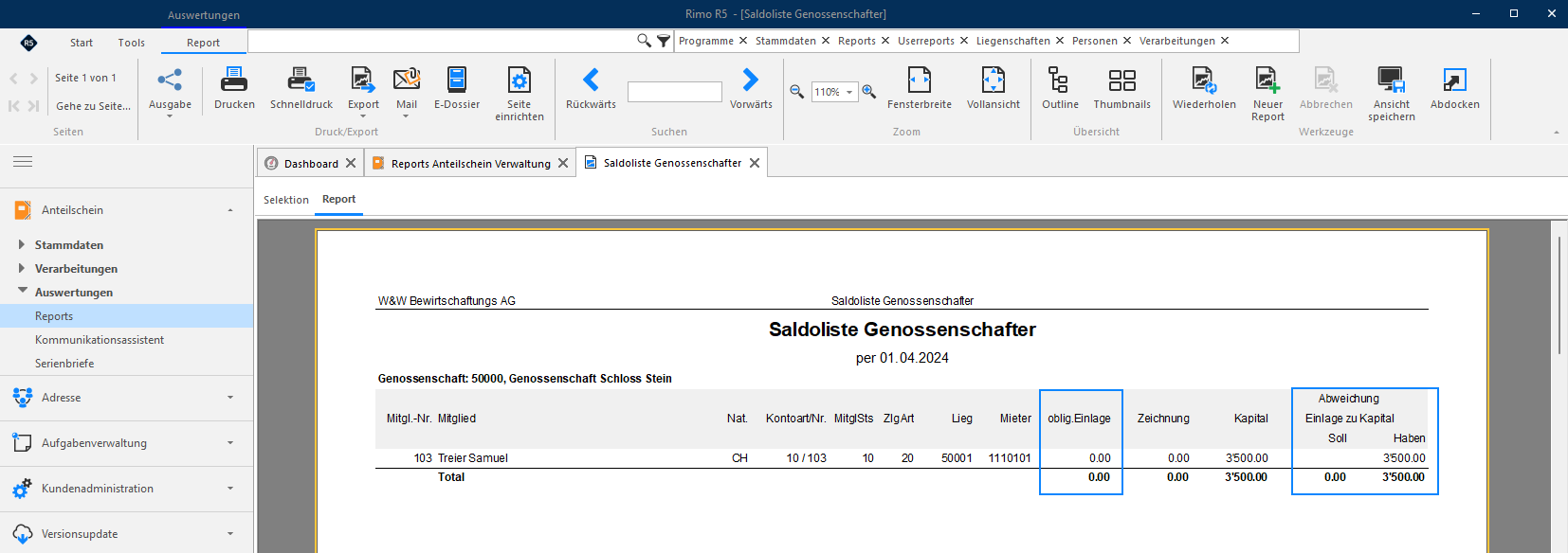 Screenshot: Saldoliste Genossenschafter per 01.04.2024 nach Beendigung der obligatorischen Einlage