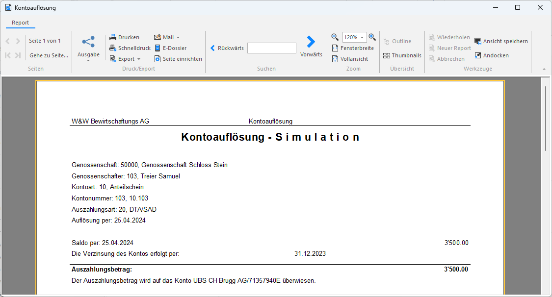 Screenshot: Ergebnisreport der Simulation einer Kontoauflösung