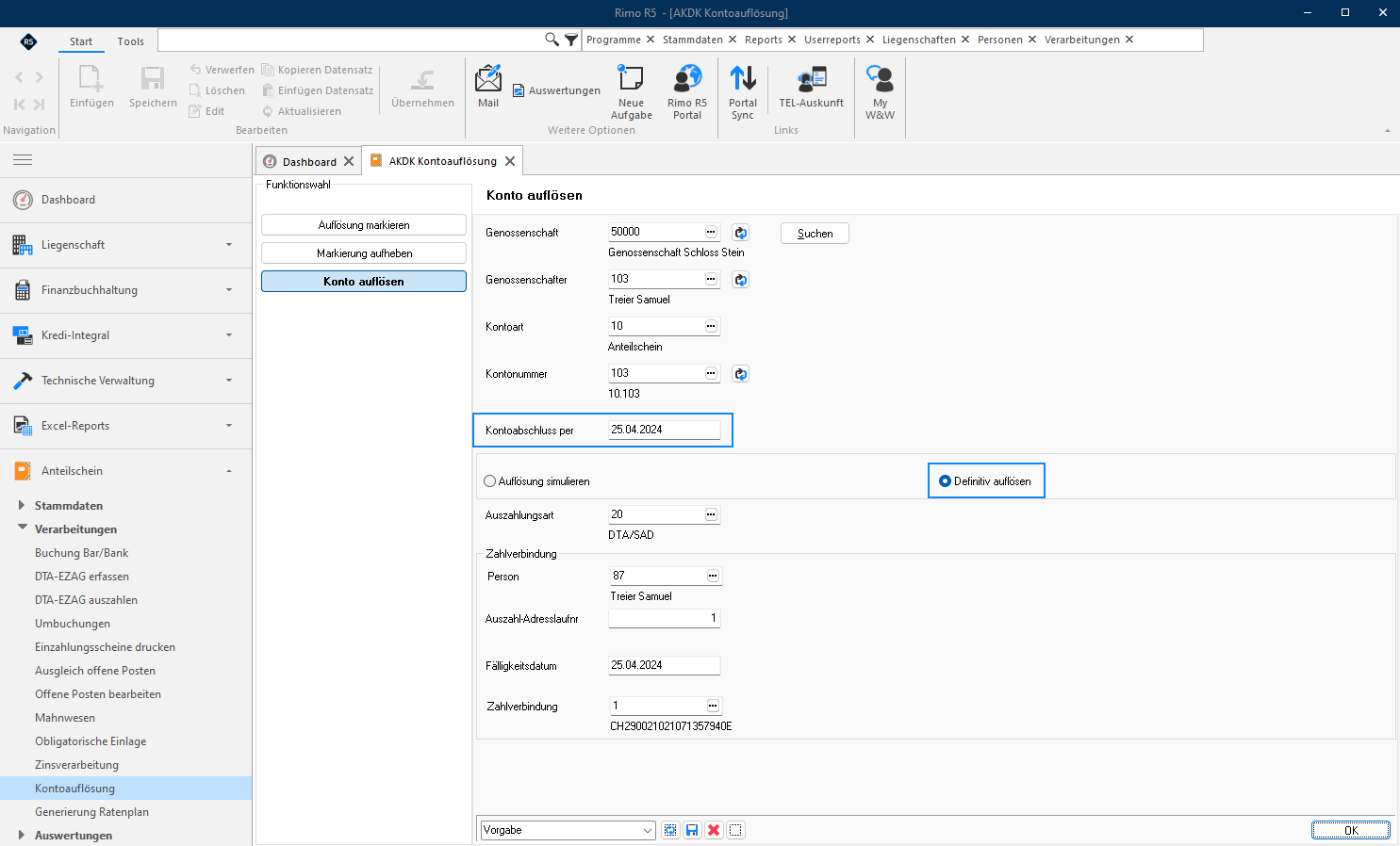 Screenshot: Kontoauflösung mit ausgewählter Option «Definitiv auflösen»