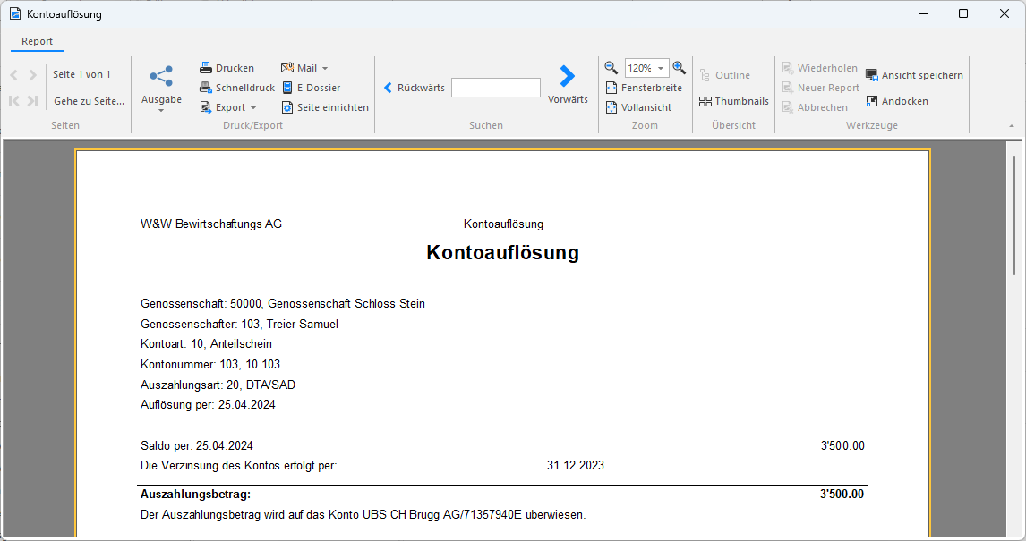 Screenshot: Ergebnisreport der definitiven Kontoauflösung