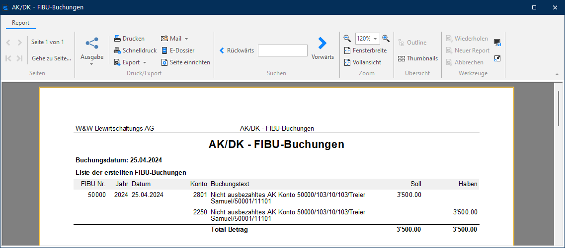 Screenshot: FIBU-Buchungen, die bei der definitiven Kontoauflösung erstellt wurden