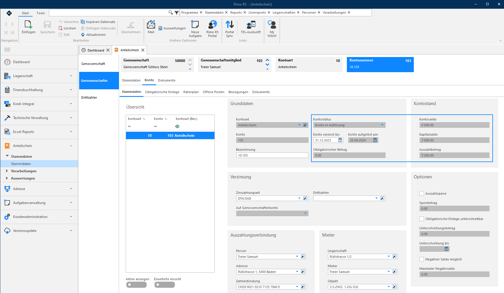 Screenshot: Konto-Stammdaten nach Kontoauflösung mit Kontostatus «Konto in Auflösung»
