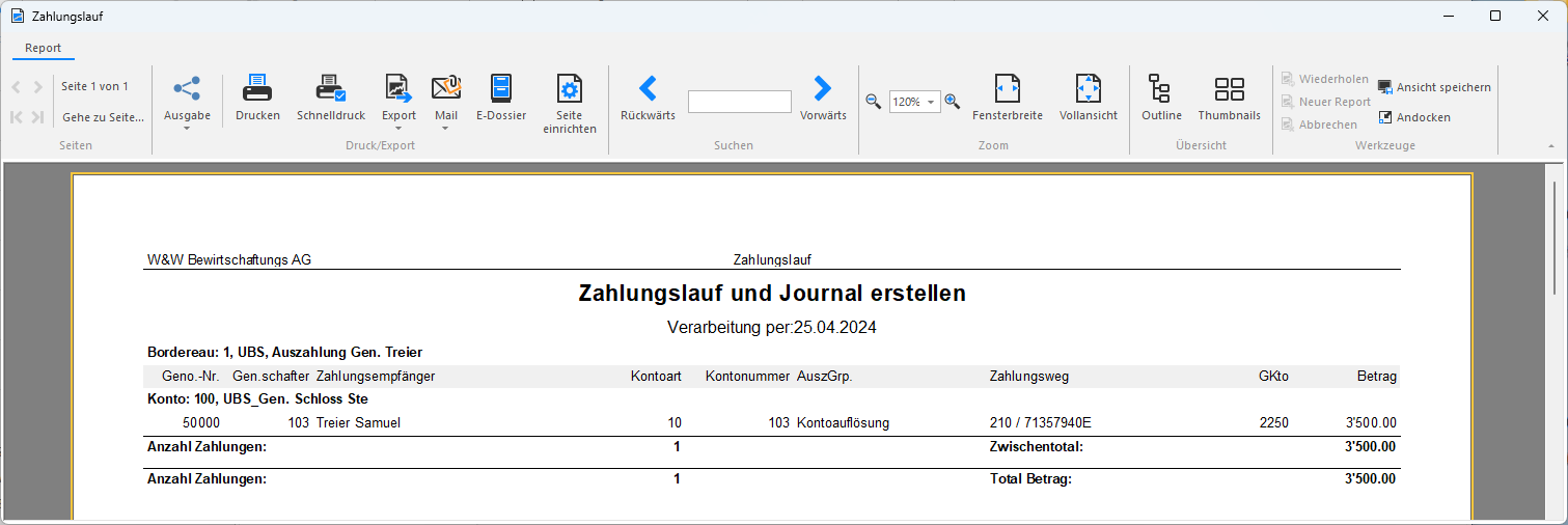 Screenshot: Zahlungslauf und Journal mit bereitgestellter Auszahlung