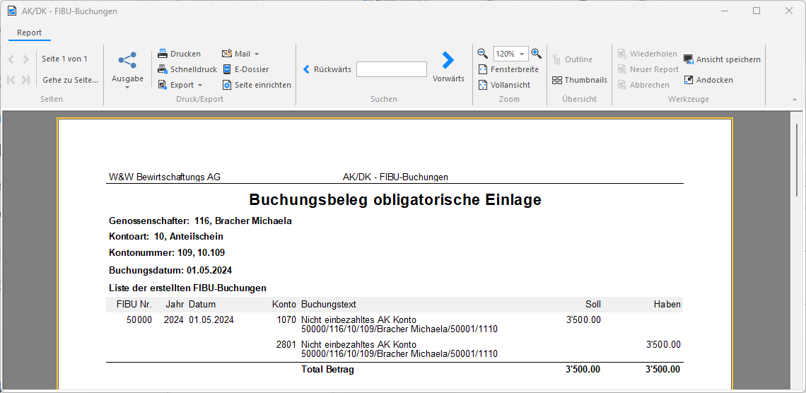 Screenshot: Buchungsbeleg der zugeordneten obligatorischen Einlage