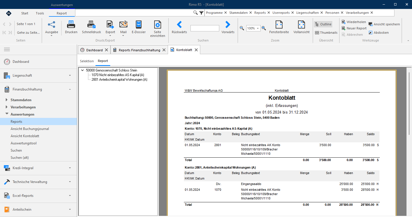 Screenshot: Kontoblatt mit der Buchung nach Zuordnung der obligatorischen Einlage