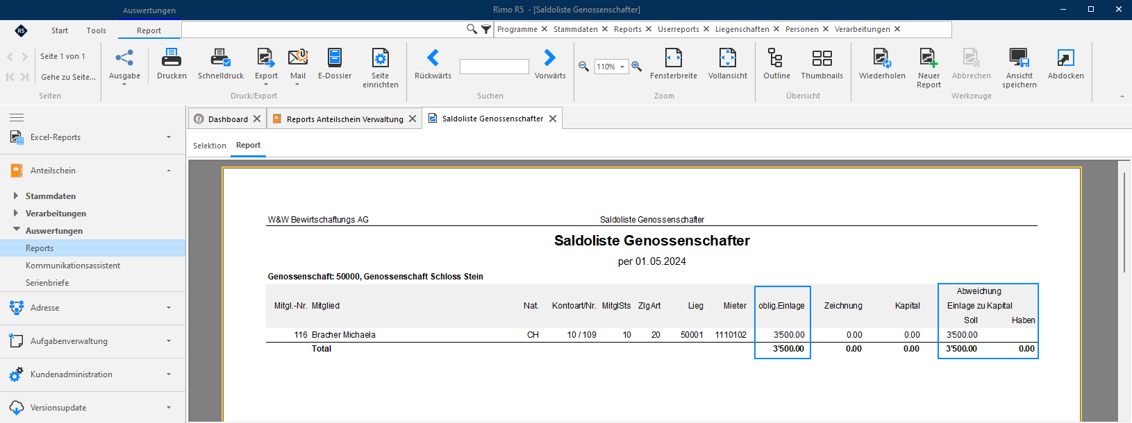 Screenshot: Saldoliste Genossenschafter nach Zuordnung der obligatorischen Einlage