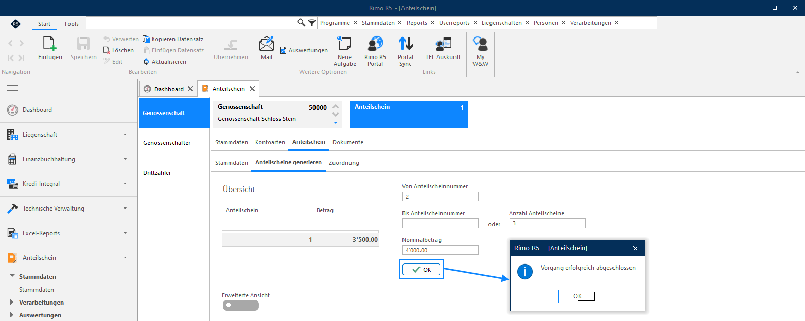 Screenshot: Automatische Generierung von Anteilscheinen mit Von-Bis-Nummern und Bestätigung