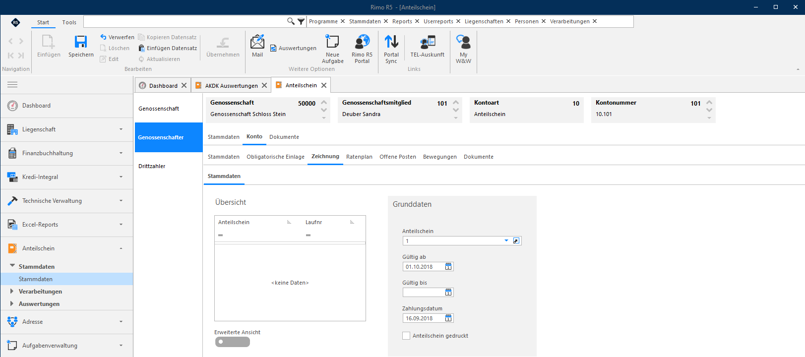 Screenshot: Register Zeichnung des Genossenschafterkontos mit zugeordnetem Anteilschein