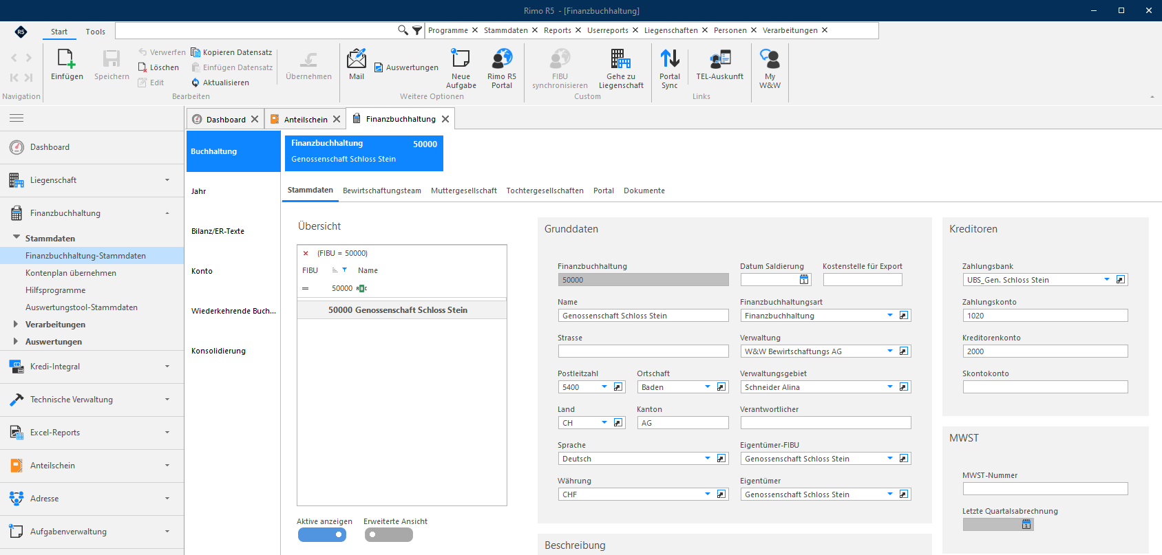 Screenshot: Finanzbuchhaltung-Stammdaten der neu eröffneten Genossenschaftsbuchhaltung