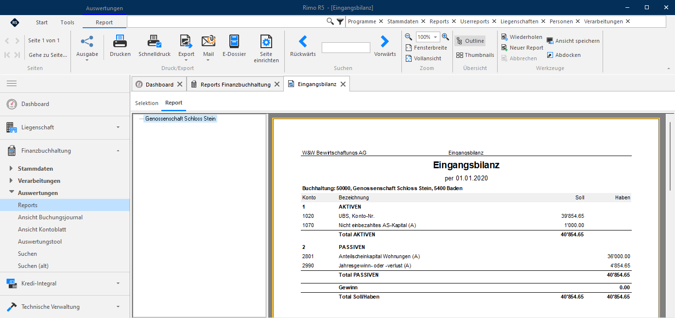 Screenshot: Report «Eingangsbilanz» zur Kontrolle der erfassten Eröffnungssaldi
