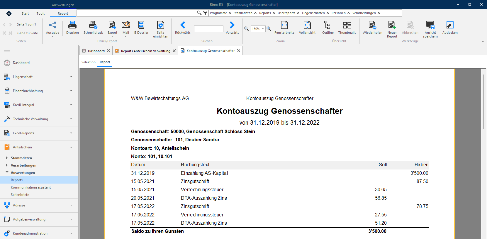 Screenshot: Report «Kontoauszug Genossenschafter» mit den einzelnen Bewegungen eines Genossenschafterkontos