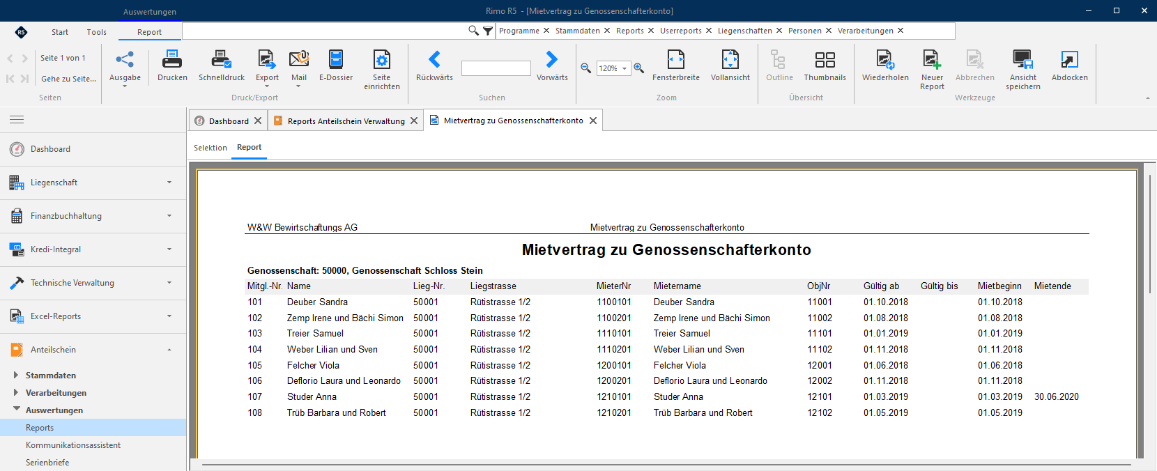 Screenshot: Report «Mietvertrag zu Genossenschafterkonto» mit Übersicht der Mietverträge