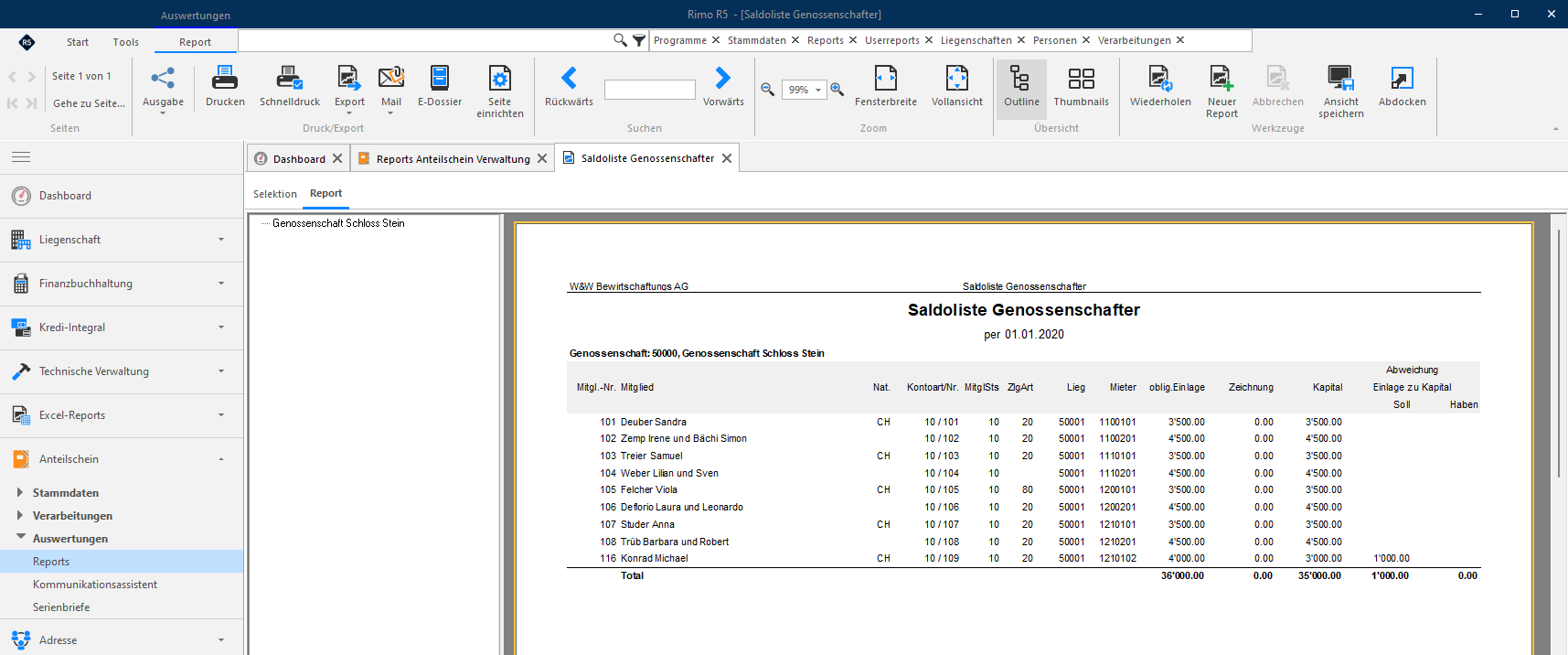 Screenshot: Report «Saldoliste Genossenschafter» zur Prüfung von Kapitalsaldo und obligatorischer Einlage