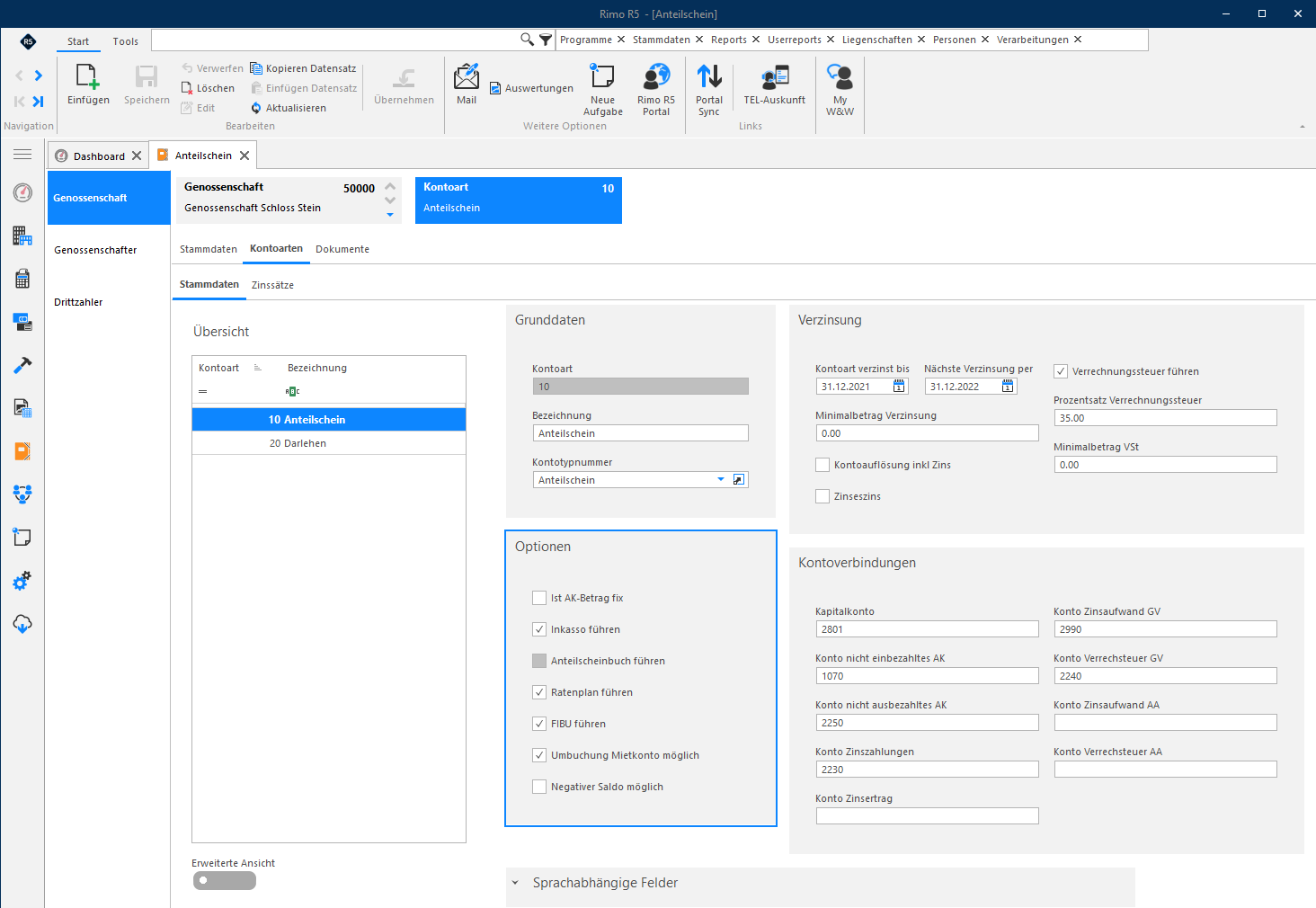 Screenshot: Kontoarten-Stammdaten mit Optionen für Inkasso, Ratenplan, FIBU und Umbuchungen