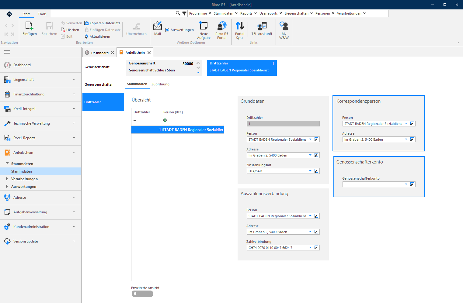 Screenshot: Drittzahler-Stammdaten mit Korrespondenzperson und Genossenschafterkonto