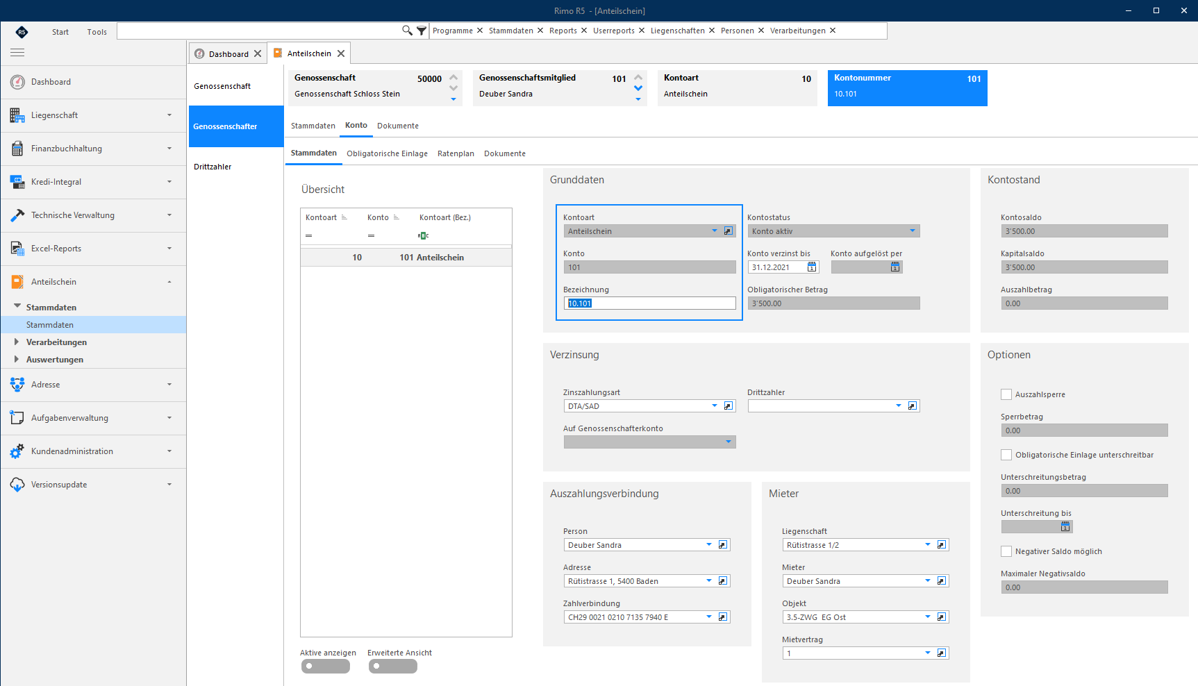 Screenshot: Konto-Stammdaten mit automatisch vorgeschlagener Kontonummer und Bezeichnung