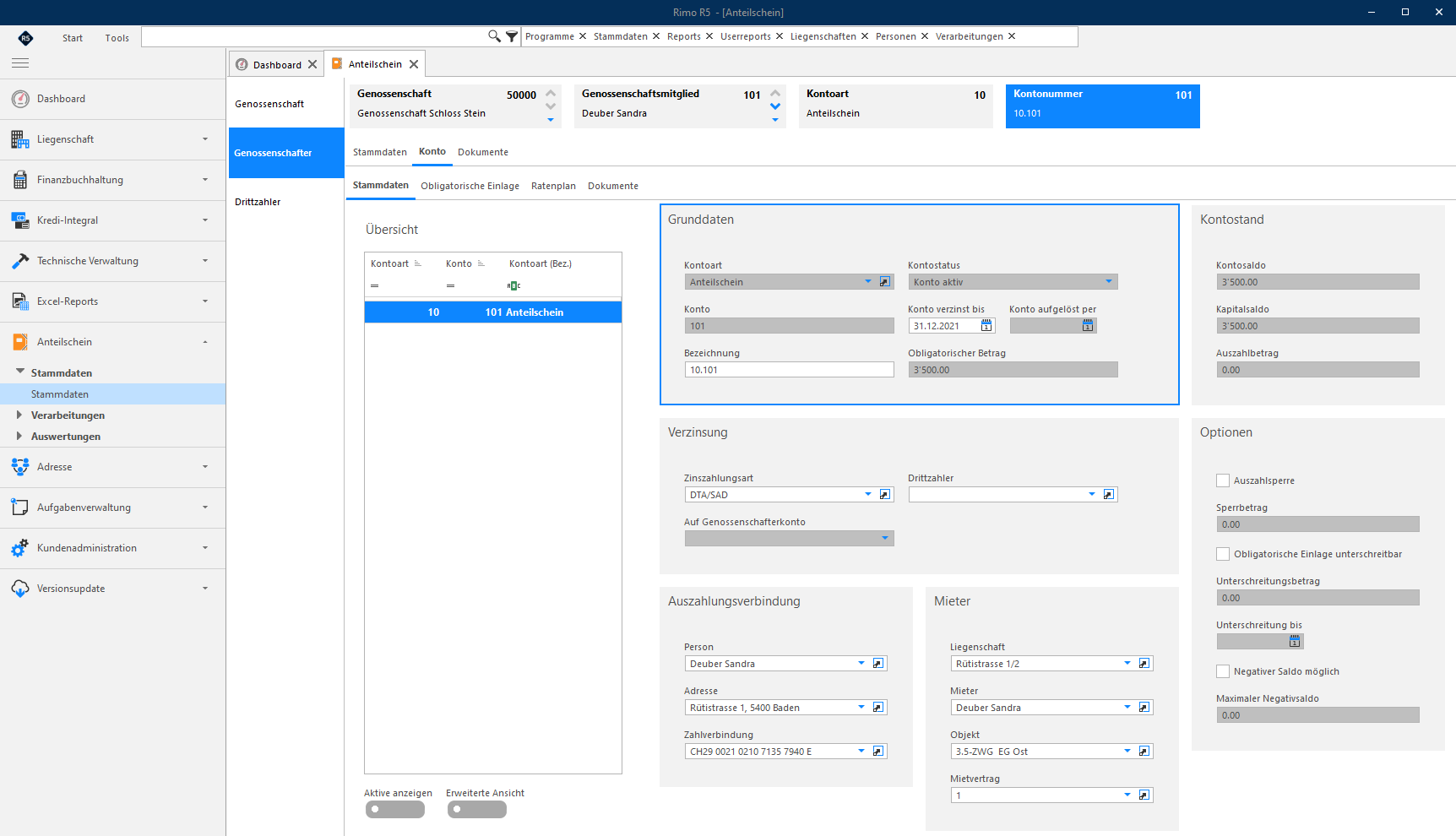 Screenshot: Konto-Stammdaten mit den Bereichen Grunddaten, Verzinsung, Auszahlungsverbindung, Mieter, Kontostand und Optionen