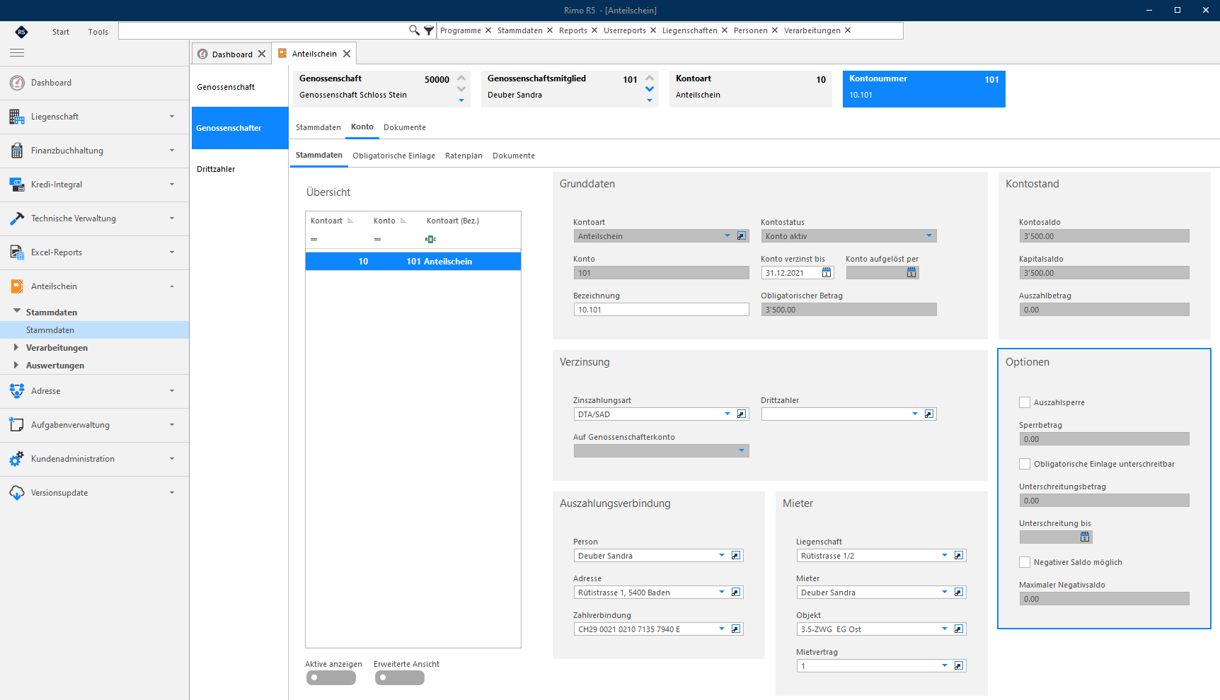 Screenshot: Konto-Stammdaten mit markiertem Bereich Optionen