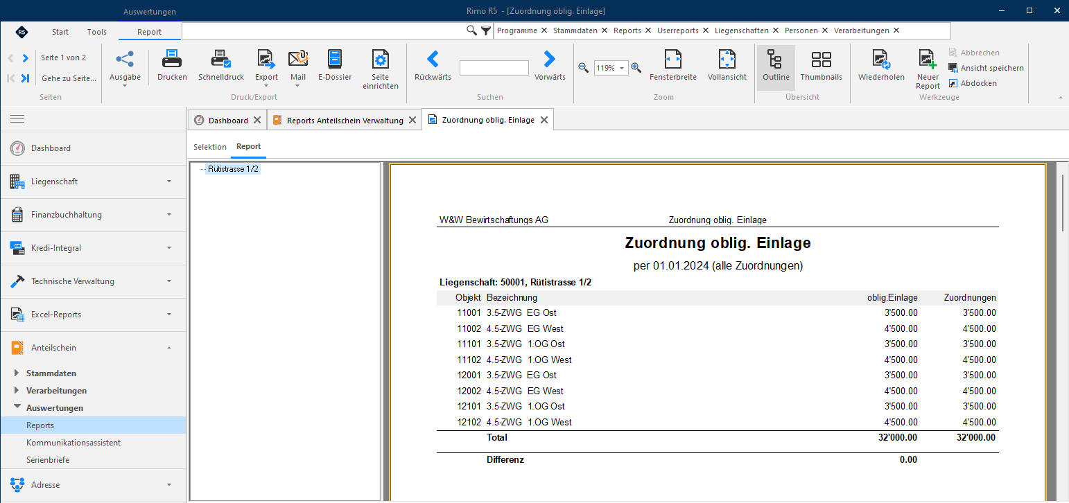 Screenshot: Report Zuordnung obligatorische Einlage mit Objekten und zugeordneten Beträgen