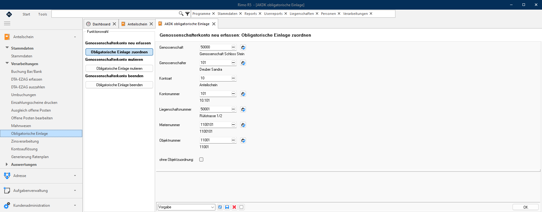 Screenshot: Funktionswahl Obligatorische Einlage im Anteilscheinmodul