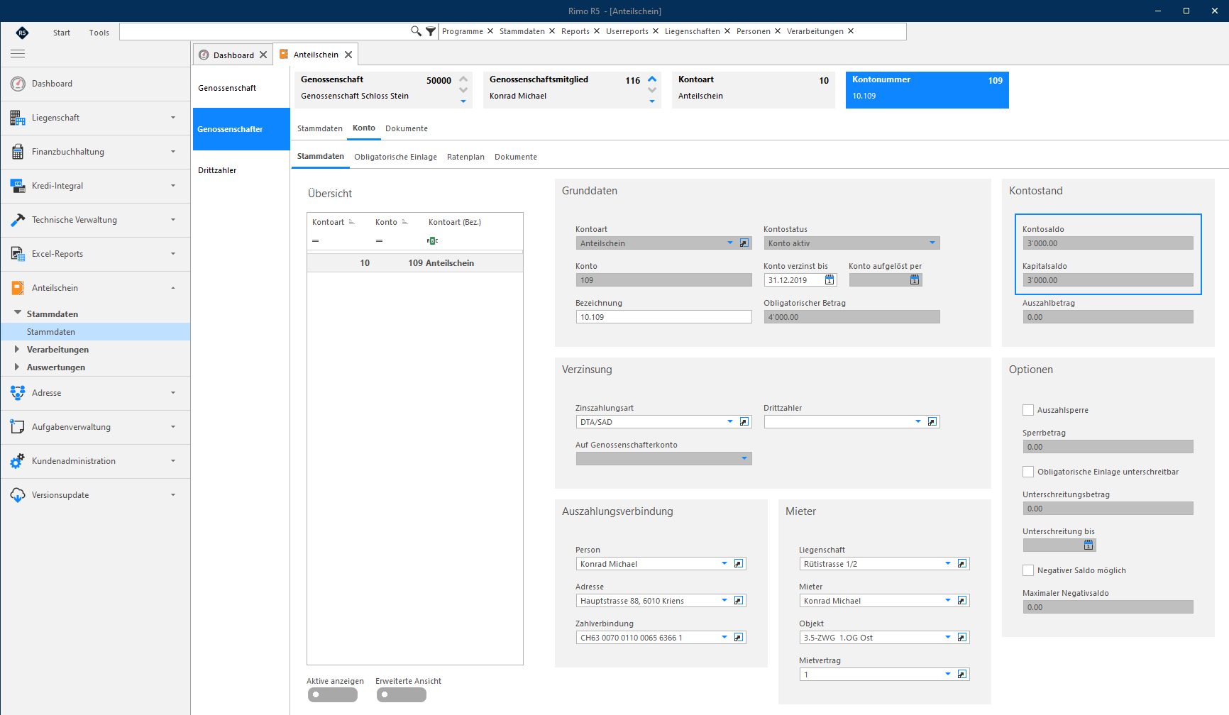 Screenshot: Konto-Stammdaten mit angezeigtem Kontosaldo und Kapitalsaldo