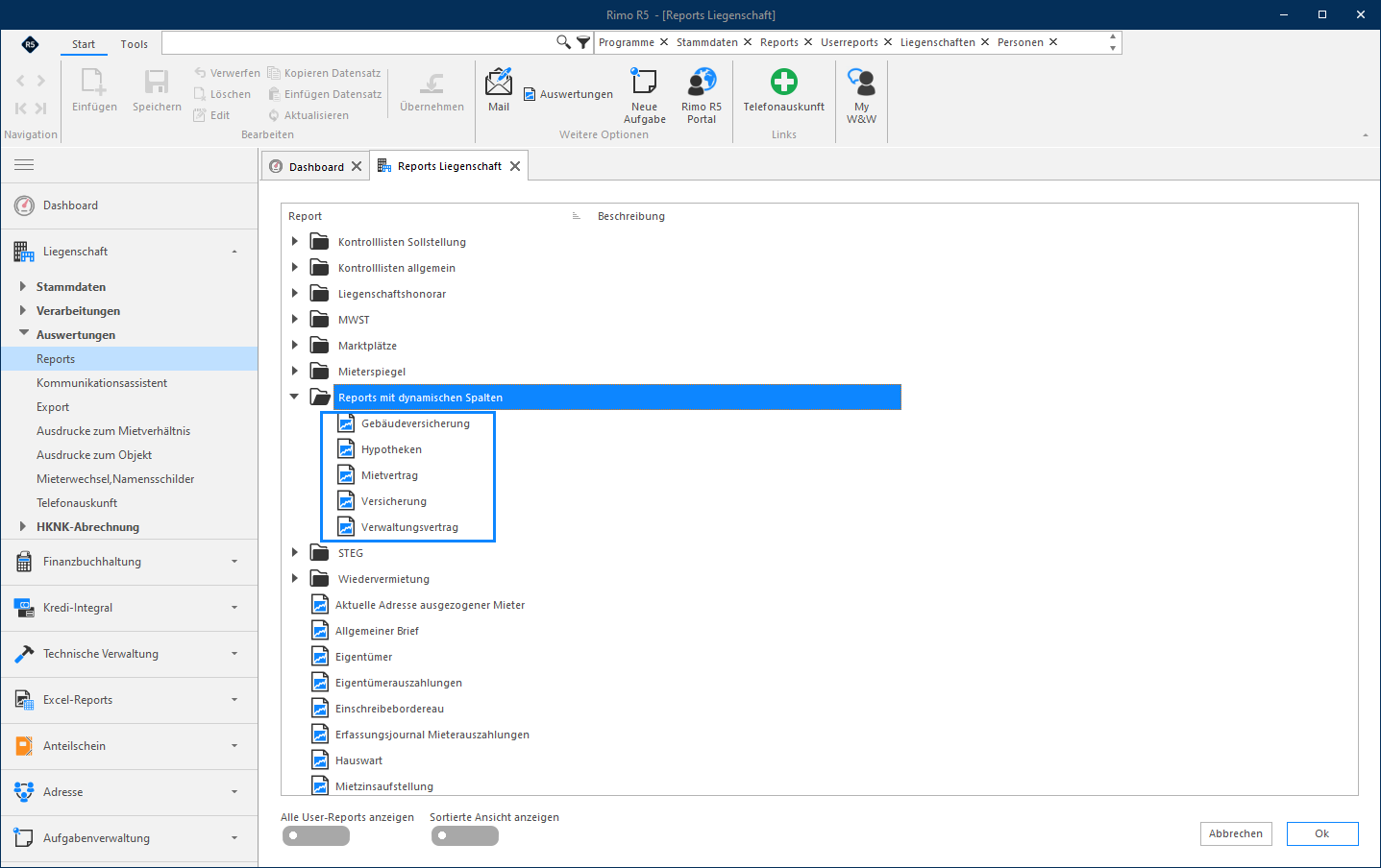 Screenshot: Navigationsbaum Reports mit dynamischen Spalten mit den Auswahlpunkten Gebäudeversicherung, Hypotheken, Mietvertrag, Versicherung und Verwaltungsvertrag