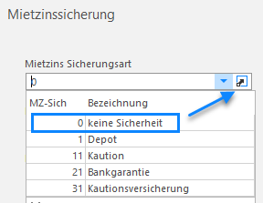 Screenshot: Dropdown-Auswahl der Mietzins-Sicherungsart mit den Optionen 0 = keine Sicherheit, Depot, Kaution, Bankgarantie und Kautionsversicherung