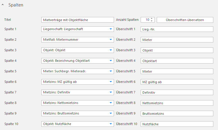 Screenshot: Spalten-Konfiguration des Reports «Mietverträge mit Objektfläche» mit zehn Spalten (Lieg.-Nr., Mieter, Objekt, Objektart, Mieter, MZ gültig ab, Definitiv, Nettomietzins, Bruttomietzins, Nutzfläche)