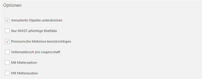 Screenshot: Register Optionen des Reports Mietvertrag mit Filterfunktionen wie «Annullierte Objekte unterdrücken», «Nur MWST-pflichtige Mietfälle», «Provisorische Mietzinse berücksichtigen», «Seitenumbruch pro Liegenschaft», «Mit Mieteroption» und «Mit Mieterausbau»