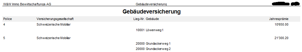 Screenshot: Ergebnis des Reports «Gebäudeversicherung» mit Auflistung von Police, Versicherungsgesellschaft, Lieg.-Nr., Gebäude und Jahresprämie